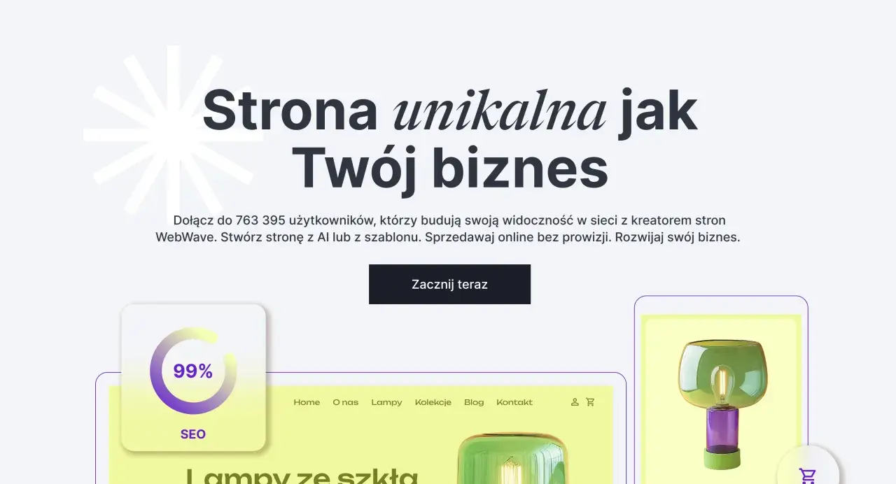 Grafika przedstawia fragment strony internetowej z tekstem "Strona unikalna jak Twój biznes", ikoną SEO 99% i lampą.