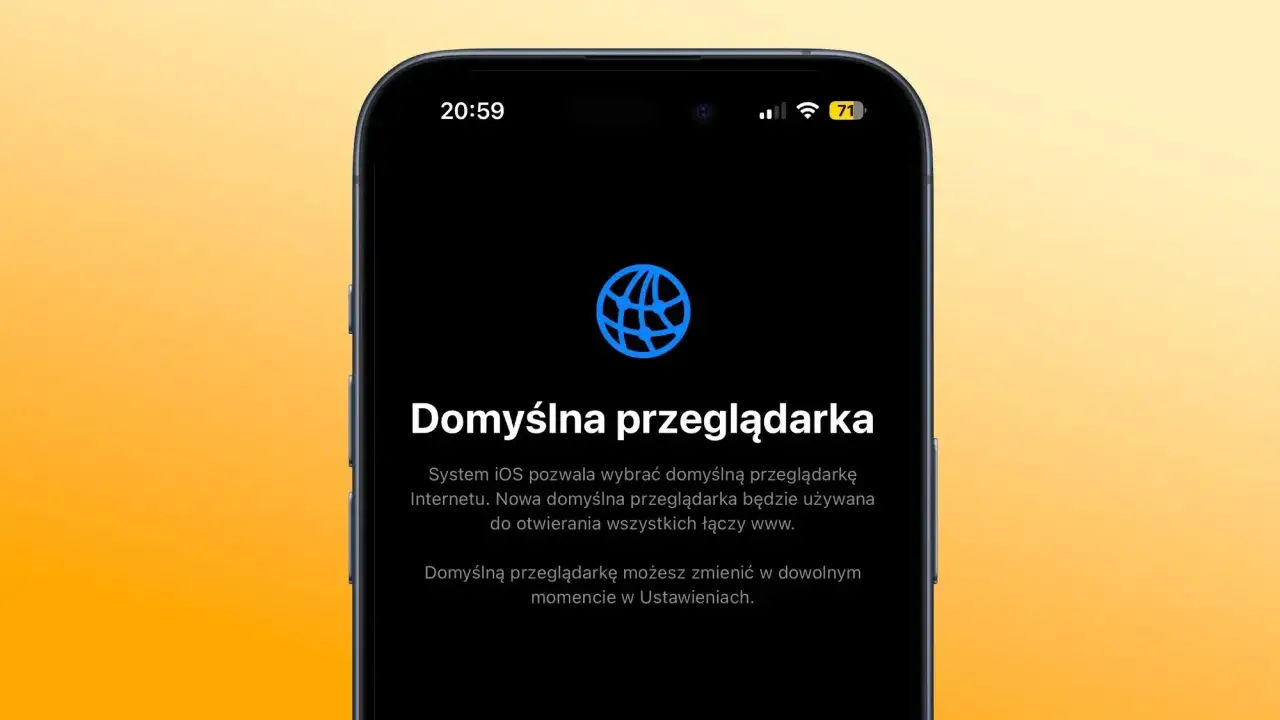Ekran iPhone'a informuje, jak ustawić domyślną przeglądarkę. Możesz ją zmienić w Ustawieniach.