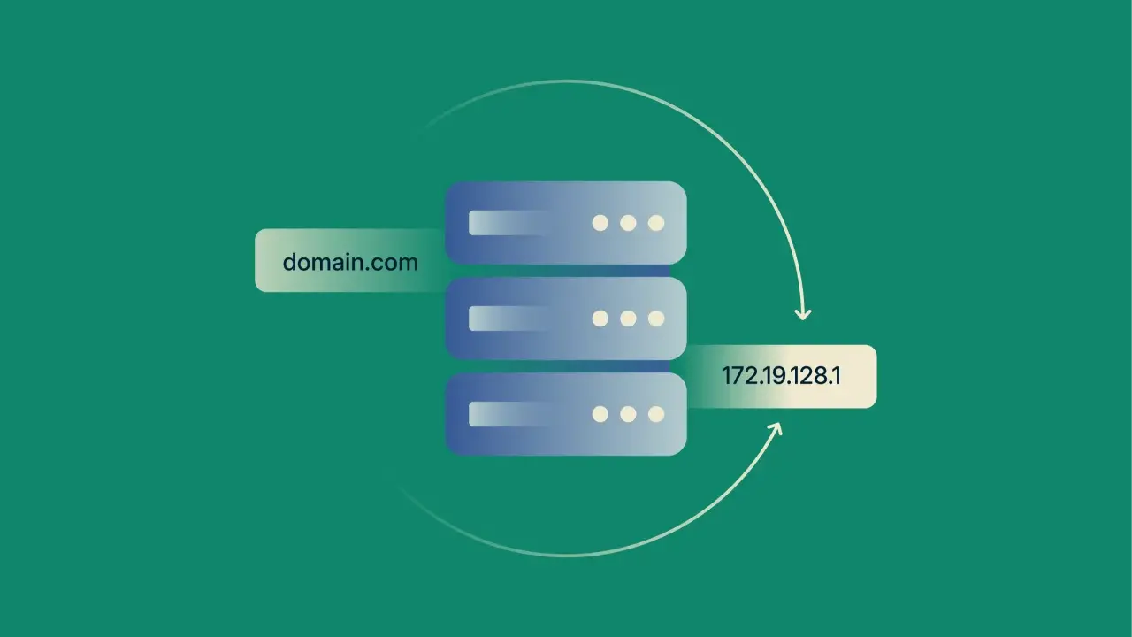 Ilustracja przedstawia serwery z etykietami "domain.com" i adresem IP "172.19.128.1", połączone strzałkami.