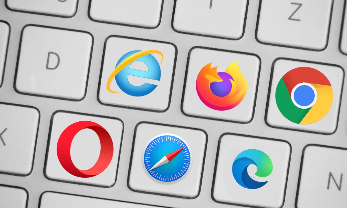 Ikony popularnych przeglądarek internetowych (Internet Explorer, Firefox, Chrome, Opera, Safari, Edge) na klawiaturze.
