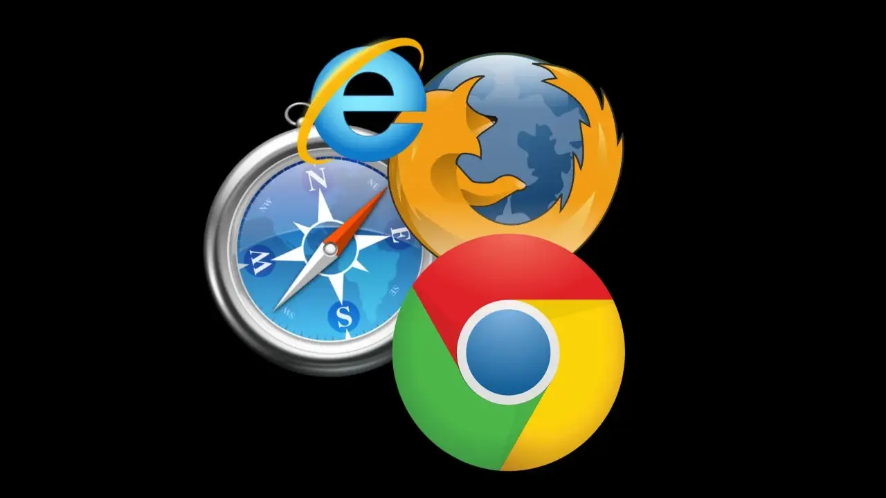 Ikony przeglądarek Internet Explorer, Firefox i Chrome na tle kompasu.