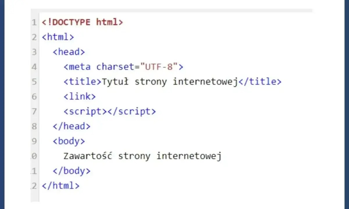 Kod HTML w Notepad++: jak zrobić stronę internetową. Widoczny fragment kodu zawiera podstawowe znaczniki HTML, takie jak `<html>`, `<head>`, `<body>` i `<title>`.