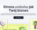 Grafika przedstawia fragment strony internetowej z tekstem "Strona unikalna jak Twój biznes", ikoną SEO 99% i lampą.