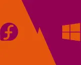 Logo Fedora i Windows na tle podzielonym na pomarańczowy i fioletowy.