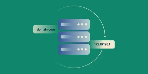 Ilustracja przedstawia serwery z etykietami "domain.com" i adresem IP "172.19.128.1", połączone strzałkami.