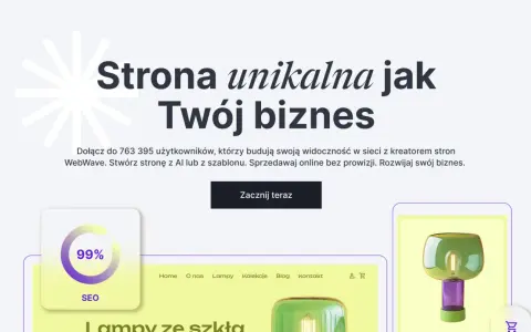 Grafika przedstawia fragment strony internetowej z tekstem "Strona unikalna jak Twój biznes", ikoną SEO 99% i lampą.