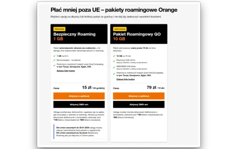 Dwa pakiety roamingowe Orange: "Bezpieczny Roaming" 1 GB za 15 zł/24h i "Pakiet Roamingowy GO" 10 GB za 79 zł/15 dni.
