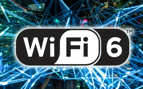Logo Wi-Fi 6 na tle sieci światłowodów i miasta nocą.