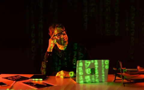 Mężczyzna w okularach siedzi przy biurku, na którym leży laptop z zielonym kodem.