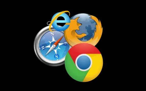 Ikony przeglądarek Internet Explorer, Firefox i Chrome na tle kompasu.