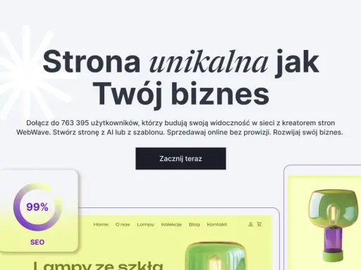 Grafika przedstawia fragment strony internetowej z tekstem "Strona unikalna jak Twój biznes", ikoną SEO 99% i lampą.