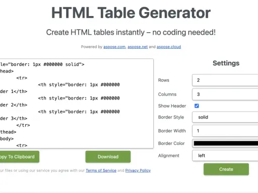 Generator tabel HTML. Ustaw liczbę wierszy i kolumn, aby dowiedzieć się, jak zrobić tabelę w HTML bez kodowania.