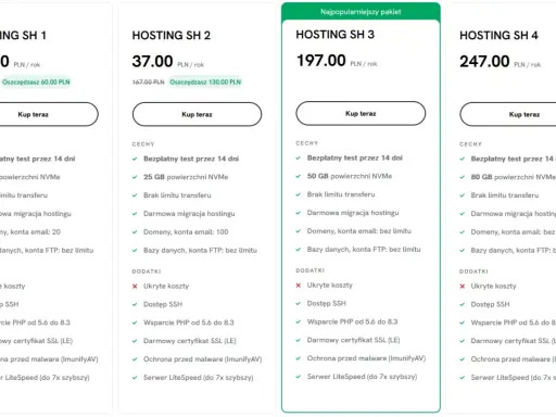Porównanie ofert hostingu: cztery plany z cenami, pojemnością dysku i funkcjami.