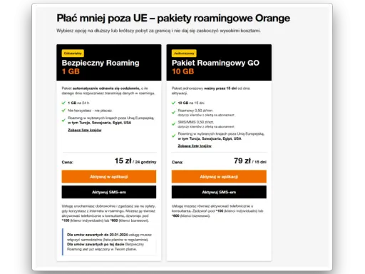 Dwa pakiety roamingowe Orange: "Bezpieczny Roaming" 1 GB za 15 zł/24h i "Pakiet Roamingowy GO" 10 GB za 79 zł/15 dni.