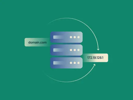 Ilustracja przedstawia serwery z etykietami "domain.com" i adresem IP "172.19.128.1", połączone strzałkami.