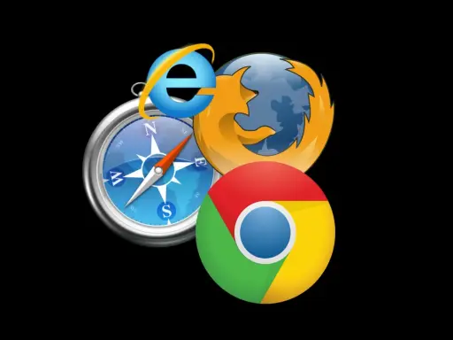 Ikony przeglądarek Internet Explorer, Firefox i Chrome na tle kompasu.