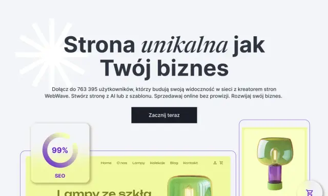 Grafika przedstawia fragment strony internetowej z tekstem "Strona unikalna jak Twój biznes", ikoną SEO 99% i lampą.