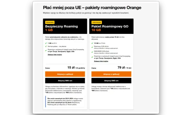 Dwa pakiety roamingowe Orange: "Bezpieczny Roaming" 1 GB za 15 zł/24h i "Pakiet Roamingowy GO" 10 GB za 79 zł/15 dni.