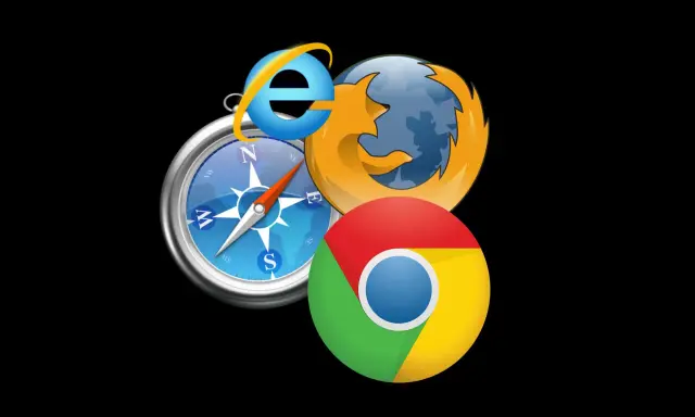 Ikony przeglądarek Internet Explorer, Firefox i Chrome na tle kompasu.