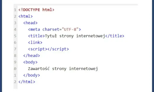 Kod HTML w Notepad++: jak zrobić stronę internetową. Widoczny fragment kodu zawiera podstawowe znaczniki HTML, takie jak `<html>`, `<head>`, `<body>` i `<title>`.