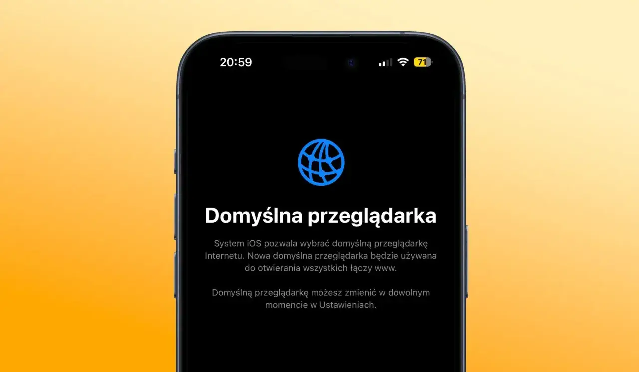 Ekran iPhone'a informuje, jak ustawić domyślną przeglądarkę. Możesz ją zmienić w Ustawieniach.