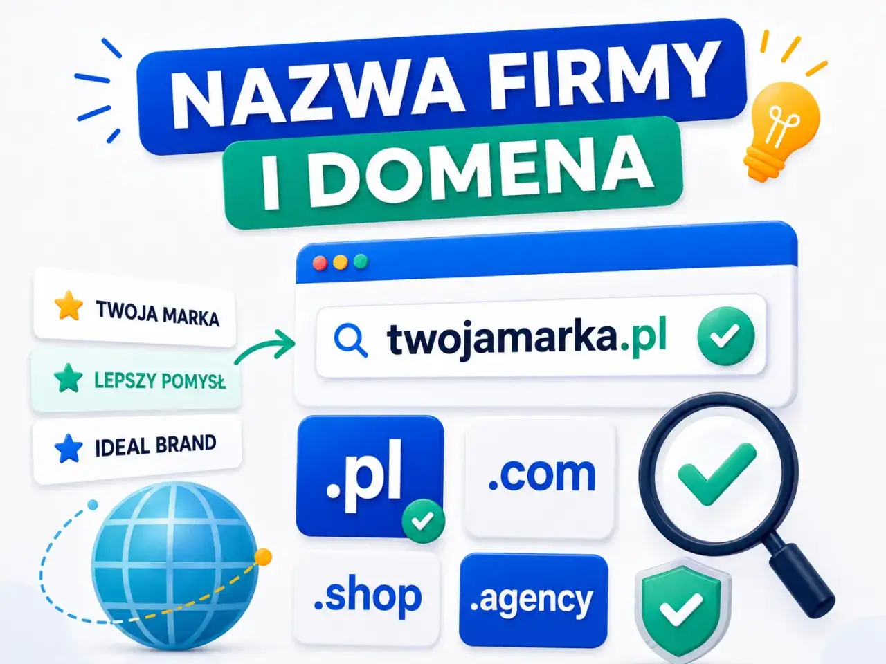 Domeny co to? Wybierz nazwę firmy i domenę dla swojej marki, np. twojamarka.pl. Dostępne różne rozszerzenia.
