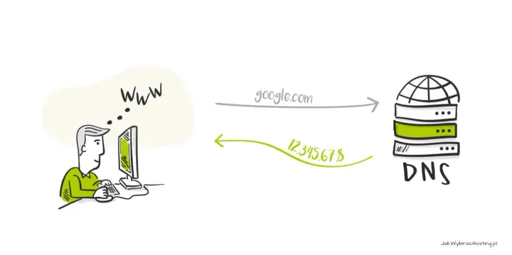 Człowiek wpisuje "google.com", a serwer DNS tłumaczy to na adres IP 12.345.67.8. Tak działają domeny co to.