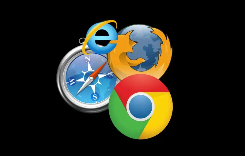Ikony przeglądarek Internet Explorer, Firefox i Chrome na tle kompasu.